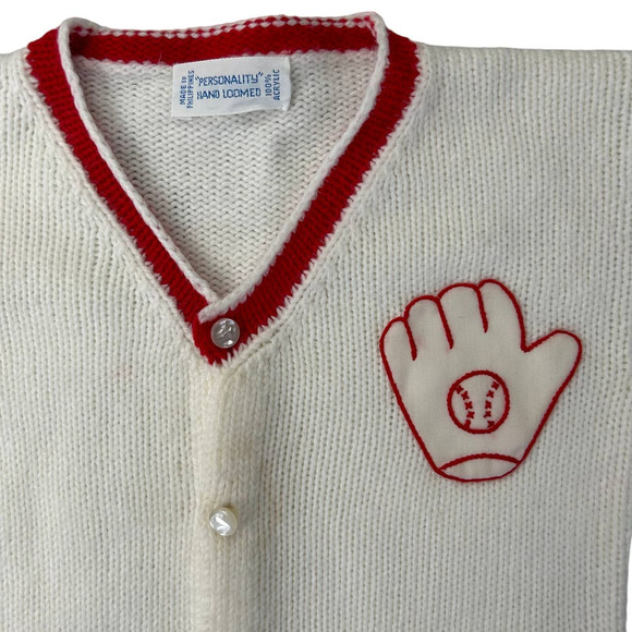 Vintage Hand Loomed Boys Baseball Mitt Acrylic Cardigan Sweater FLAW - Picture 2 of 4